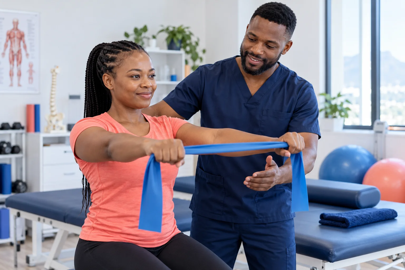 Physiotherapist guiding a patient through a resistance band exercise