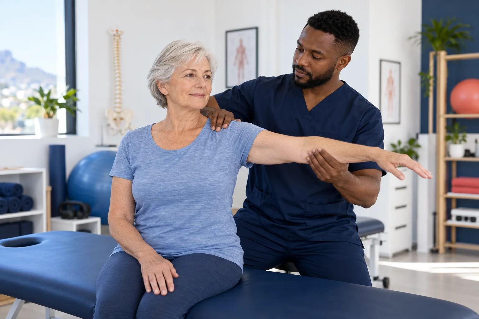 Physiotherapist assessing an older patient's shoulder movement