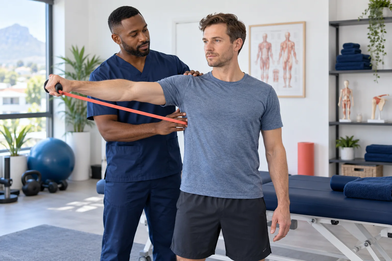 Physiotherapist guiding a patient through a strengthening exercise