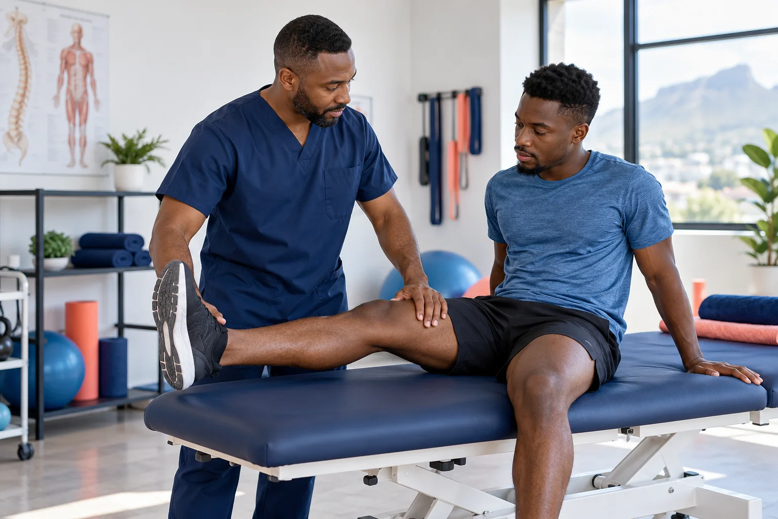 Physiotherapist guiding a patient's seated leg stretch