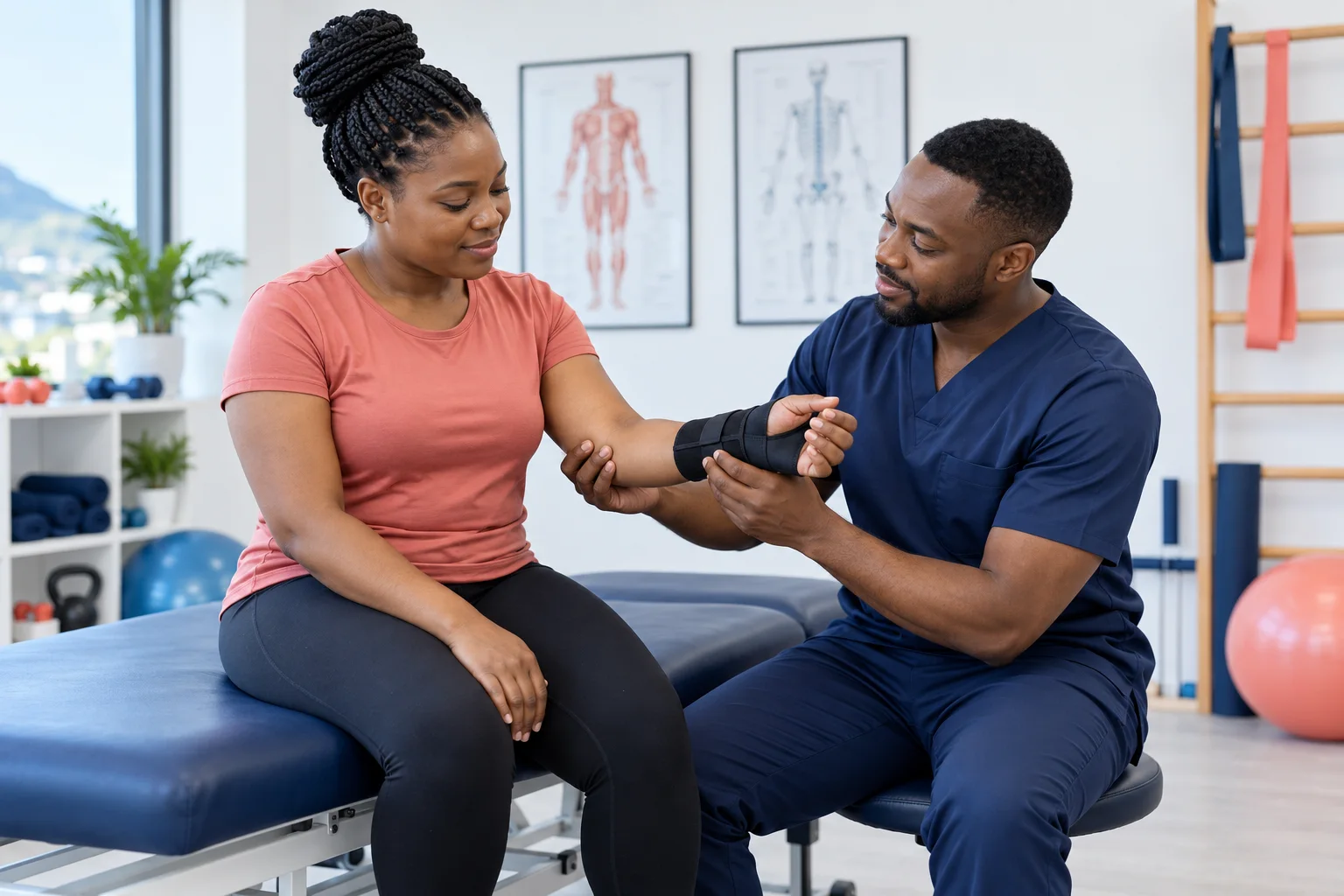 Physiotherapist checking a patient's wrist brace