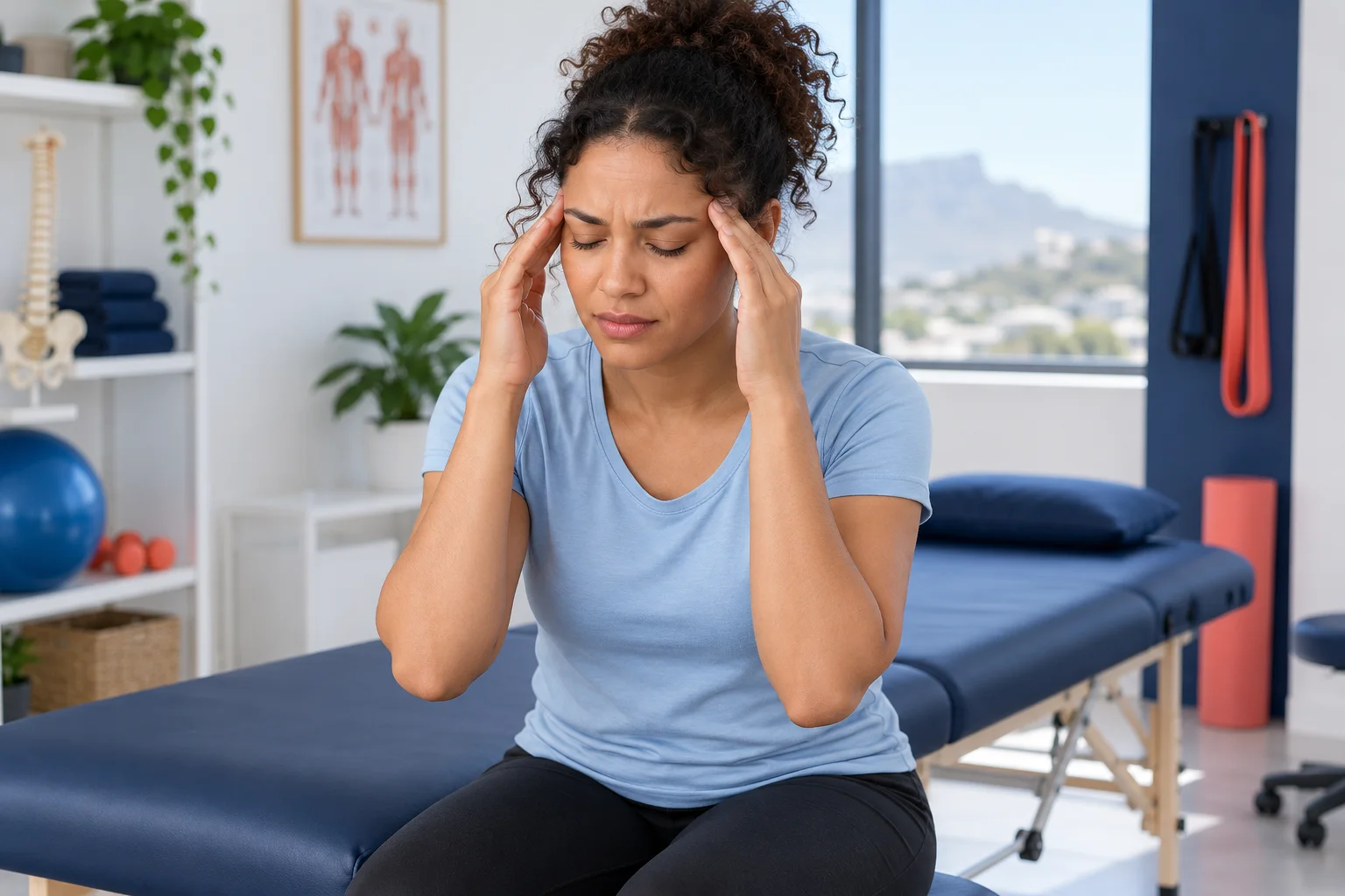 Woman holding her temples with a tension headache