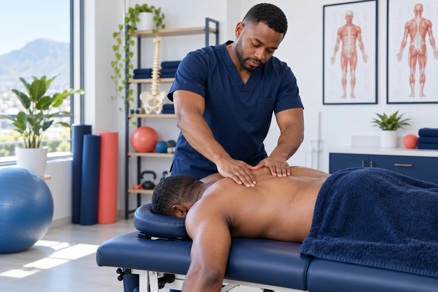 Physiotherapist providing soft-tissue treatment to the upper back